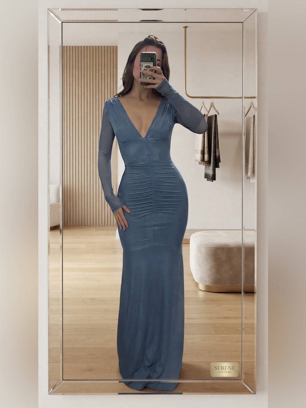 Lulu's Blue Long Sleeve V-Neck Ruched Maxi Dress - Picture 5 of 5
